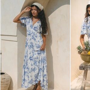 Roseette Blue floral v neck midi dress HeyChic